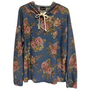 Women's Blouse, Hooded, Blue/Floral - Size 2X